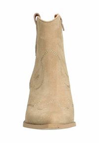 Beige suede ankle boot with a pointed toe and decorative stitching, featuring a pull tab at the heel and a flat sole.