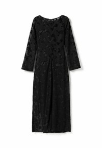 Juodas ilgas suknelė su gėlių raštu, pagaminta iš permatomos medžiagos su tekstūriniais akcentais ir apvalia iškirpte.