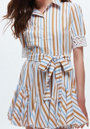 Femme portant une robe à manches courtes boutonnée avec des rayures verticales bleues et marron, ceinture nouée et bordure en dentelle aux manches.