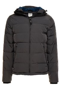 Steppjacke in Dunkelgrau mit durchgehendem Reißverschluss, verstellbarer Kapuze und elastischen Bündchen. Verfügt über gesteppte Bereiche und ein kontrastierendes blaues Innenfutter.