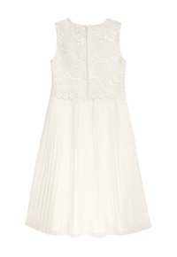 Weißes Kleid mit Spitzenoberteil und plissiertem Chiffonrock, mit rundem Ausschnitt und Reißverschluss hinten.