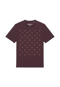 Bordeaux katoenen t-shirt met een patroon van kleine witte fietsen. Ronde hals en korte mouwen. Zachte textuur, casual pasvorm ontwerp.