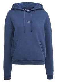 Felpa con cappuccio blu navy, dotata di tasca frontale, orlo e polsini a coste, e un piccolo logo a forma di appendiabiti bianco sul petto. Realizzata in tessuto morbido.