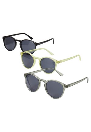 Three pairs of sunglasses: black round frames with dark lenses, light green frames with dark lenses, and translucent gray frames with dark lenses.