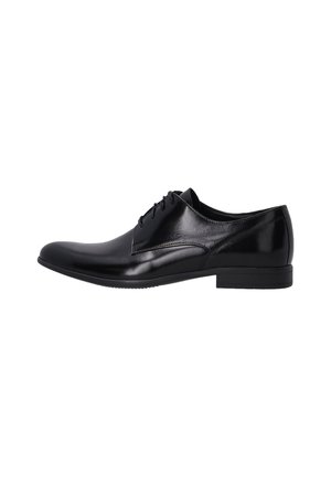 Schwarze Leder-Eleganzschuhe mit glatter Textur, Schnürdesign, abgerundeter Spitze und niedrigem Absatz. Verfügt über dezente Nähte und ein poliertes Finish.