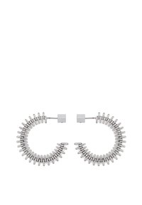 Silver hoop earrings with a spring-like design featuring elongated oval shapes, textured metal, and square posts for fastening.