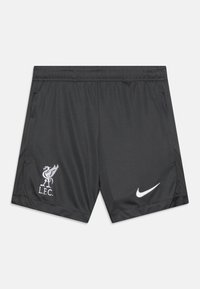 Dunkelgraue Sportshorts mit elastischem Bund, versehen mit einem weißen Nike-Swoosh und einem weißen Liverpool FC-Logo auf der linken Seite.