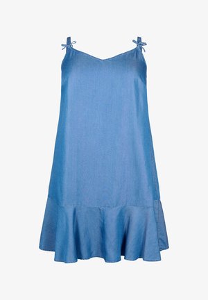 Vestido azul sin mangas con finas tirantes de hombro atados en lazos y un dobladillo con volantes acampanados.