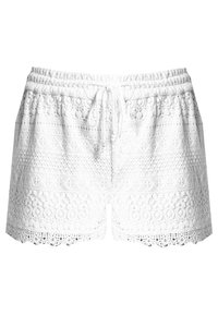 Shorts in pizzo bianchi con vita elastica e cordoncino, motivi testurizzati e orlo scallop per un dettaglio decorativo.