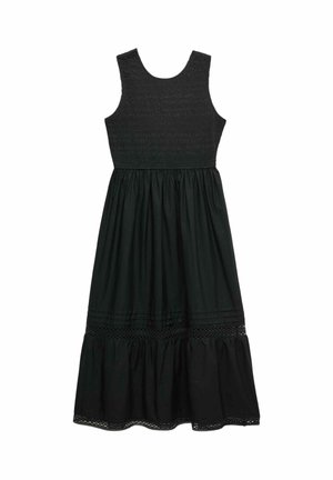 Sort ærmeløs midi-kjole med smocket korset, rynket nederdel og blondedetaljer ved kanten og over flæsen.