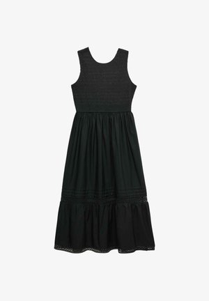Mouwloze zwarte midi-jurk met een geplooide lijfje, een gerimpelde rok, en kanten biezen bij de zoom en boven de ruches.