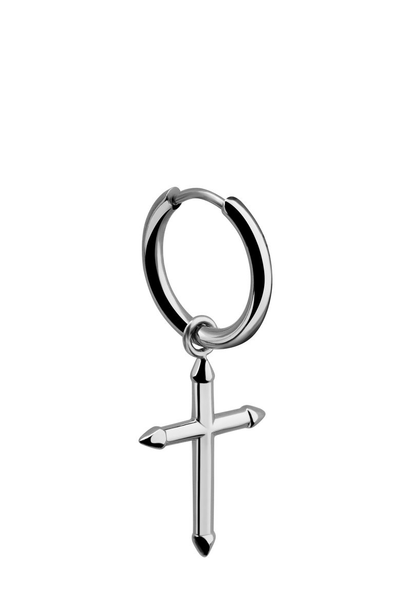 Silverhänge i form av en polerad metallkors med spetsiga ändar, slät yta och en enkel cirkulär design.