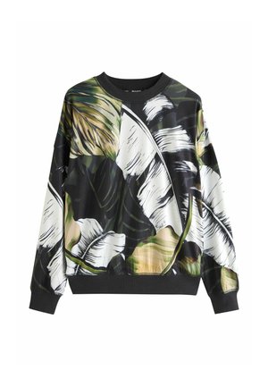 Črni pulover z dolgimi rokavi, ki ima velik zeleno-bel odtis lista, okrogel izrez in rebraste manšete na rokavih in spodnjem robu.