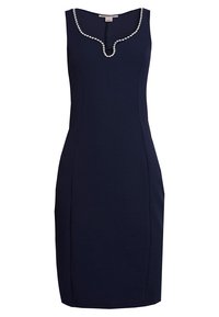 Granatowa, bezrękawna sukienka z gładkiego materiału, z falbaniastym dekoltem ozdobionym perłowymi akcentami. Dopasowany krój z bocznymi szwami.