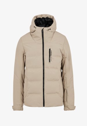 Beige gewatteerde jas met een ritssluiting en een verstelbare capuchon, voorzien van een rits borstzak en een gestikte paneelontwerp voor isolatie.