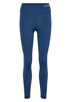 Granatowe legginsy wykonane z elastycznego materiału. Posiadają wysoki pas i bezszwowy design z logo na przodzie.