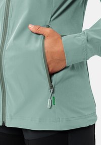 Mint green jacket with a smooth texture, featuring a side zipper pocket and contrasting zipper trim. Fitted design with breathable fabric.