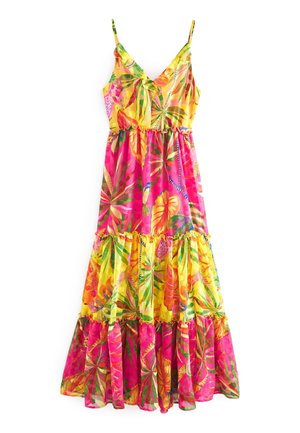 Mouweloze maxidress met roze en gele tropische bladeren- en bloemenprint, V-hals, laagjes rokken met ruches en dunne schouderbandjes.