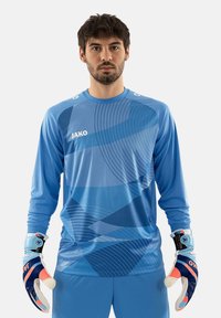 Lichtblauwe lange mouwen keepersshirt met geometrische patronen, voorzien van een ronde hals en manchetten. Vergezeld van blauwe en oranje handschoenen.