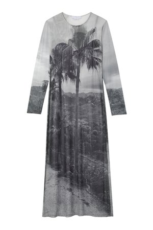 Φόρεμα με μακριά μανίκια από διάφανο ύφασμα, διακοσμημένο με εκτύπωση τοπίου φοίνικα σε ασπρόμαυρη απόχρωση, σε ευθεία γραμμή και στρογγυλή λαιμόκοψη.