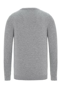 Grauer Pullover mit langen Ärmeln, einem runden Halsausschnitt und einer weichen, glatten Textur. Mit gerippten Bündchen und Saum für eine figurbetonte Passform.
