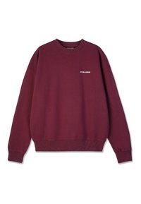 Burgundy sweatshirt with ribbed cuffs and hem, features a small white "PEGADOR" logo on the chest, made from a soft fabric.