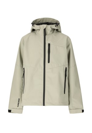 Beige huppari, jossa vetoketju edessä, kolme vetoketjullista taskua, säädettävät hihansuut ja kiristysnauhakiinnitteinen huppu.