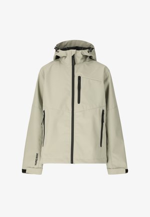 Beige gewatteerde jas met capuchon, ritssluiting aan de voorkant, drie zipzakken, verstelbare manchetten en trekkoord in de capuchon.