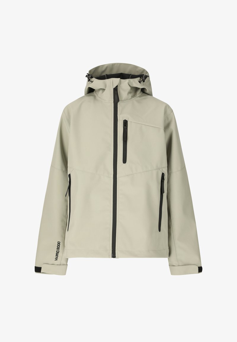 Beige hættetrøjejakke med lynlås foran, tre lynlåslommer, justerbare manchetter og hætte med snøre.