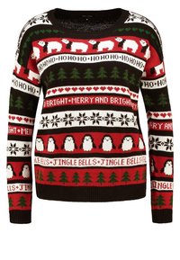 Stickad tröja med rund halsringning, med en mörk bakgrund och festliga mönster av isbjörnar, pingviner, träd och jultext i röd och grön.