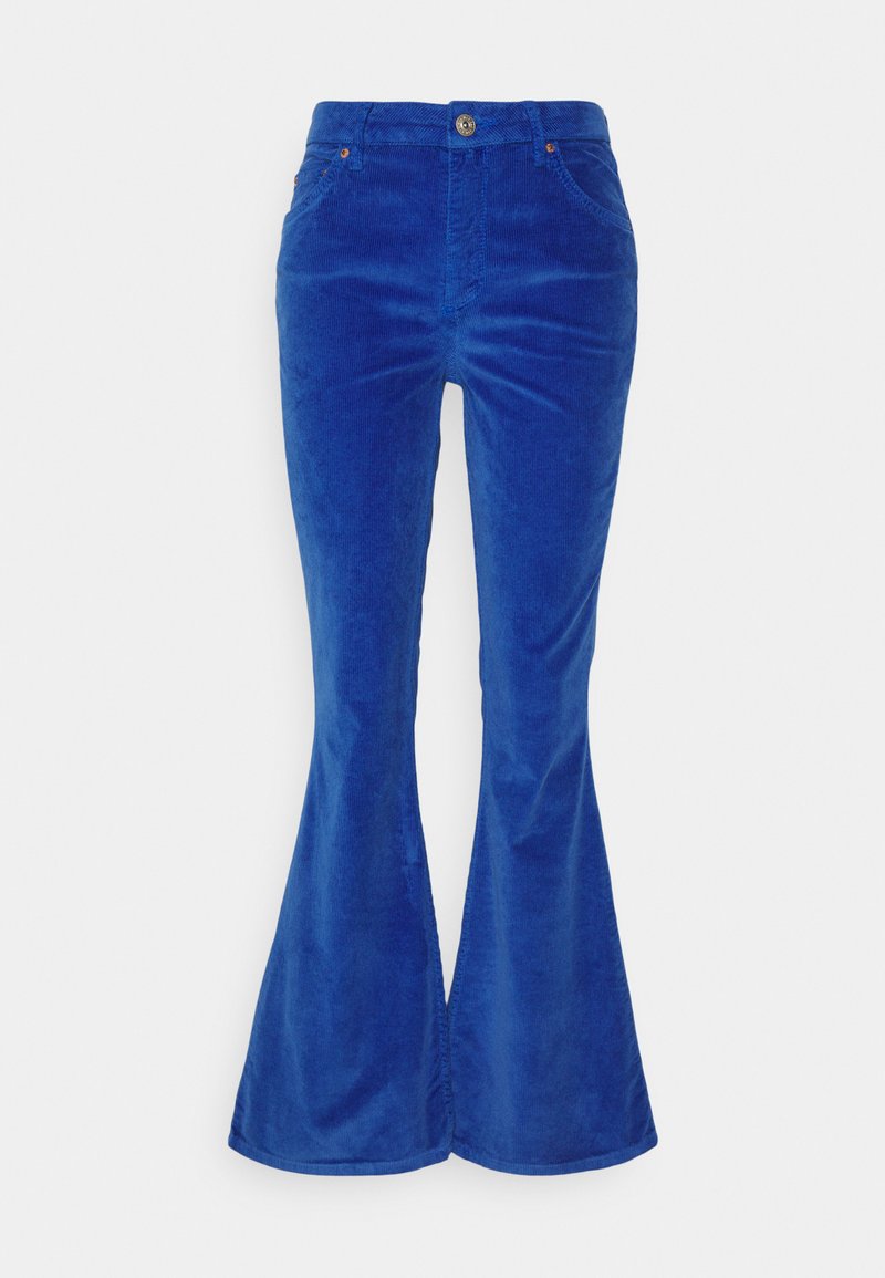 Calças de veludo cotelê azuis com fecho de botão, bolsos frontais e uma textura suave. Apresentam uma cintura alta e um design justo.