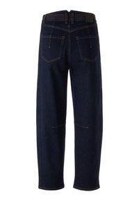 Dunkelblaue Denim-Jeans mit gerade geschnittenem Bein, ausgestattet mit fünf Taschen und kontrastierenden orangefarbenen Steppnähten. Erhöhter hinterer Bund.