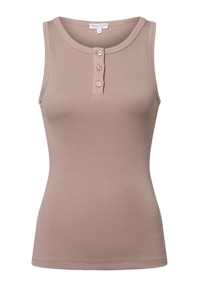 Beige geripptes Tanktop mit rundem Ausschnitt und dreifacher Knopfleiste an der Vorderseite. Hergestellt aus weichem, dehnbarem Stoff mit einer figurbetonten Passform.