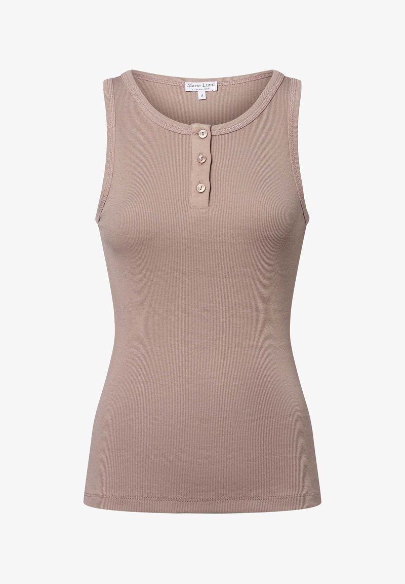 Beige geripptes Tanktop mit rundem Ausschnitt und dreifacher Knopfleiste an der Vorderseite. Hergestellt aus weichem, dehnbarem Stoff mit einer figurbetonten Passform.