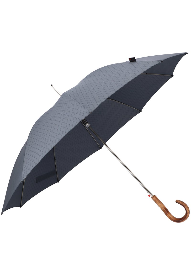 A dark gray umbrella with a checkered pattern, a silver metallic shaft, and a curved wooden handle. The canopy is slightly arched.