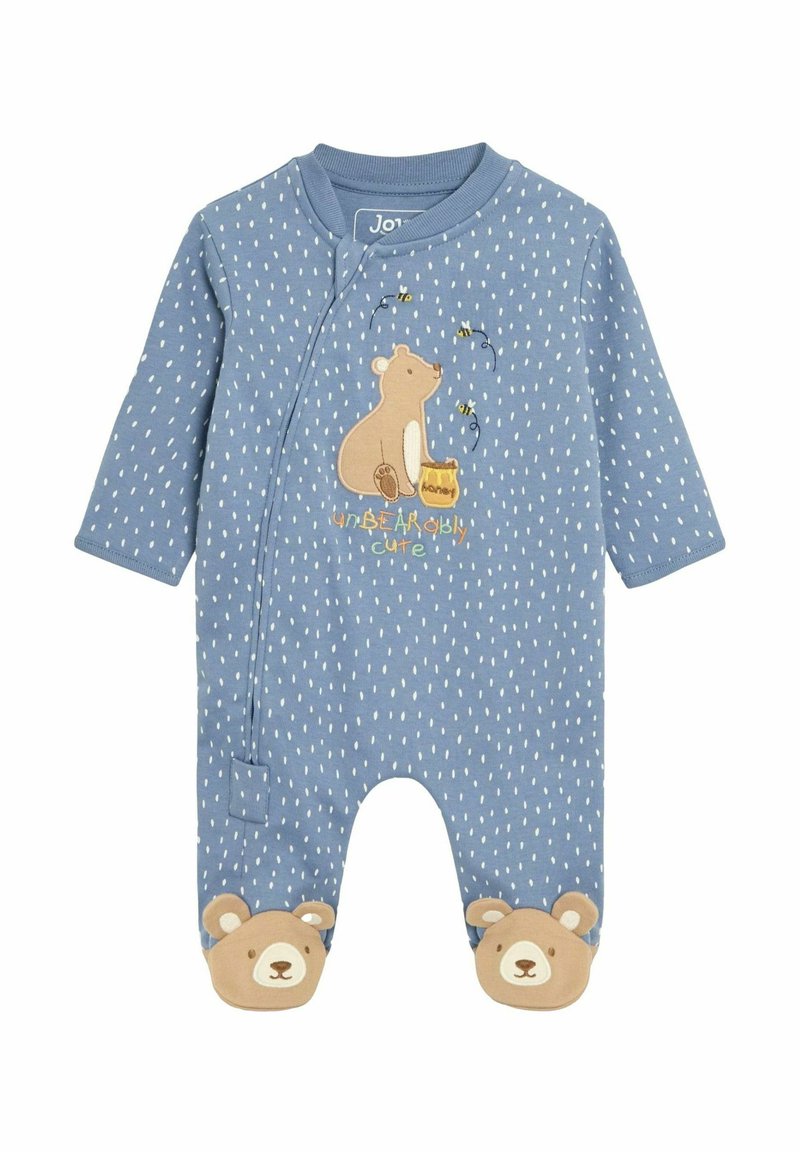 Body azzurro a maniche lunghe con design di orsetto, caratterizzato da puntini bianchi a forma di goccia e faccine di orso sulle scarpe. Realizzato in tessuto morbido, con chiusura a scatto.