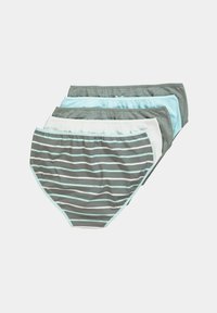 Vier paar damesonderbroeken in grijs en blauw tinten. Twee paar hebben lichtblauwe strepen op een grijze achtergrond. Zacht katoenmateriaal.
