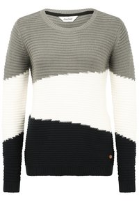 Strickpullover mit grauem Oberteil, weißem Mittelteil und schwarzem Unterteil. Mit Rundhalsausschnitt und gerippten Bündchen, strukturierter Stoff in der gesamten Oberfläche.