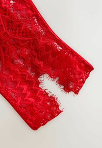 Roter Spitzenstoff mit filigranen Blumenmustern, versehen mit gezackten Rändern und leichten Ausfransungen. Leichtes und zartes Material.