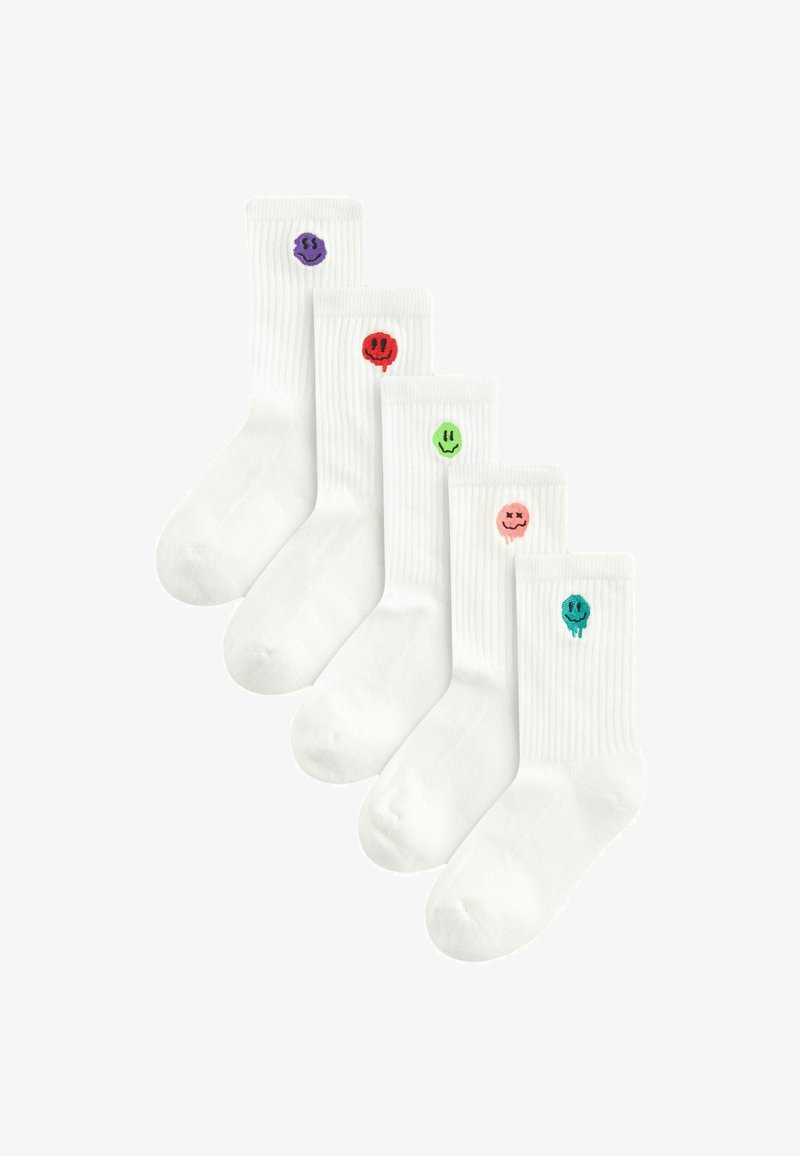 Fehér pamut rövid zoknik színes hímzett mosolygó arcokkal, lila, piros, zöld, rózsaszín és türkiz színekben. Függőleges bordázott textúra.