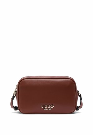 Brown rectangular leather crossbody bag with gold hardware and "LIU·JO MILANO" logo on front, featuring an adjustable side strap.