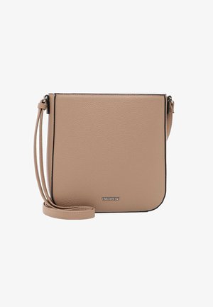 Beige crossbody bag with a textured finish, featuring a black accent trim and a detachable shoulder strap. Logo displayed at the bottom.
