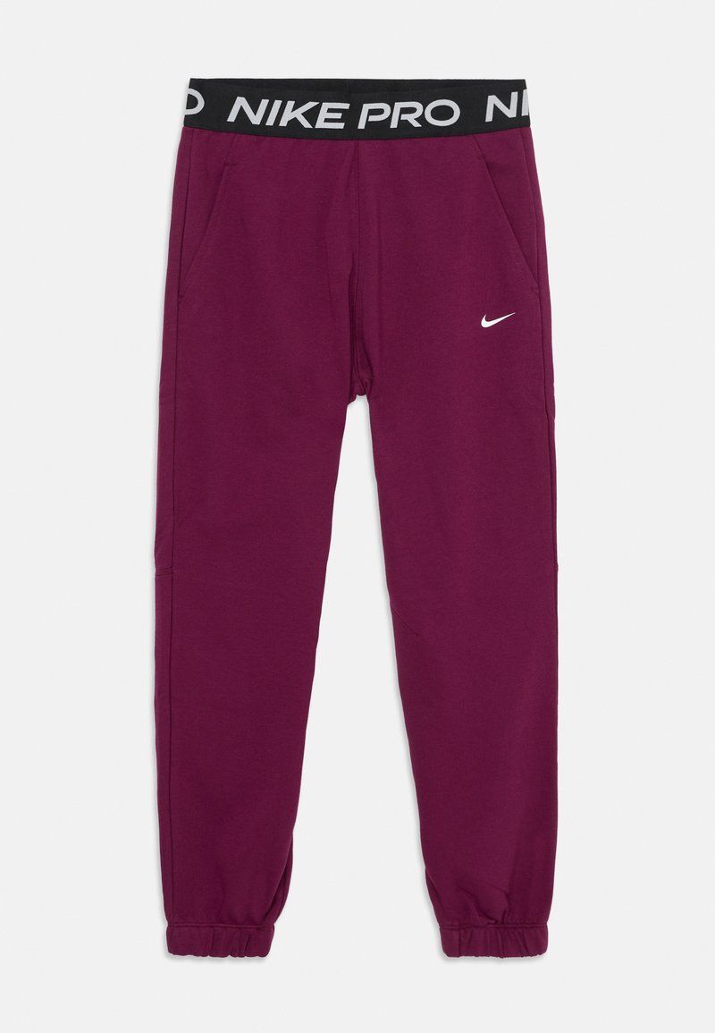Violet Nike Pro sporta bikses ar elastīgu jostasvietu, uz kuras ir balts "NIKE PRO" teksts, divas sānu kabatas un sašaurināti potīšu gali.