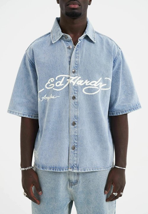 Chemise Ed Hardy Homme - Manches Longues - Taille M - Rose épingle Rayée Crânes - Très Bon état