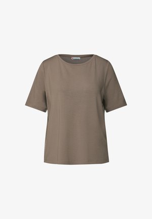 Brown short-sleeve T-shirt made of soft fabric, featuring a rounded neckline and a relaxed fit with a subtle side detail.
