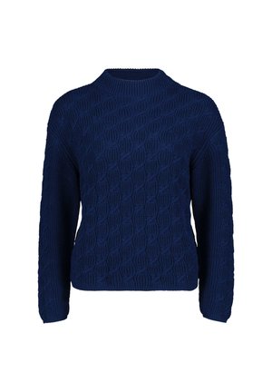 Pull en tricot bleu marine avec un motif ovale texturé, doté de manches longues et d'un col rond. Fabriqué à partir d'un matériau doux et épais.