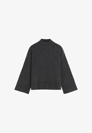 Dunkelgrauer, langärmeliger Pullover mit hohem Kragen, gerippten Bündchen und Saum. Weiche Textur und lässige Passform, designed für Komfort.