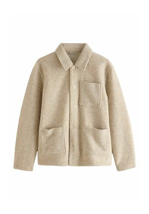 Beige wool-blend jacket with a pointed collar, five-button front, two front pockets, and a chest pocket. Soft texture and relaxed fit.