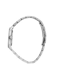 Orologio da polso in metallo argentato con cassa rettangolare, bracciale a maglie e corona rotonda. Superficie liscia con un leggero lucore, design minimalista.