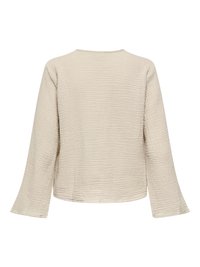 Haut beige à manches longues en tissu texturé avec encolure ronde, montré de dos, avec une coupe légèrement ample et de subtiles côtes horizontales.